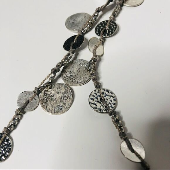 Silver Hammered Disc Beaded Double Layer Necklace Ribbon Tie - Picture 3 of 6